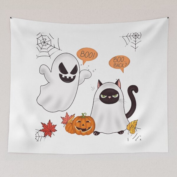 Item preview, Boo Back white ghost tries to scare a grumpy black cat in white sheet with pumpkin autumn leaves decorations spider web designed and sold by expresivedesign.