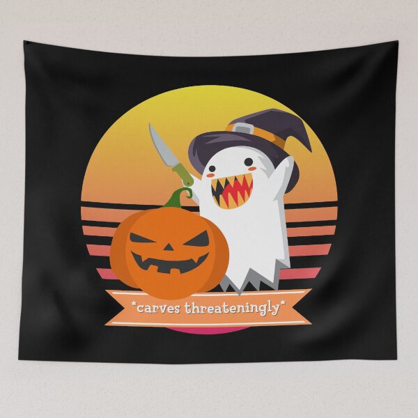 Item preview, Halloween Cute Ghost Carves a Pumpkin Threateningly designed and sold by Nathalie Aynié.