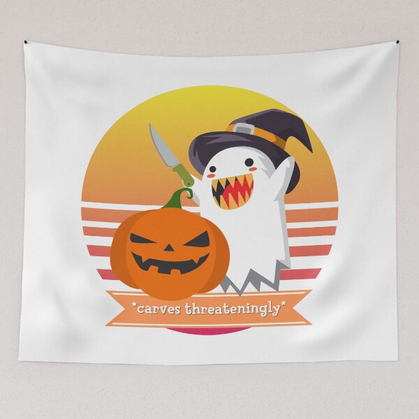 Item preview, Halloween Cute Ghost Carves a Pumpkin Threateningly designed and sold by Nathalie Aynié.