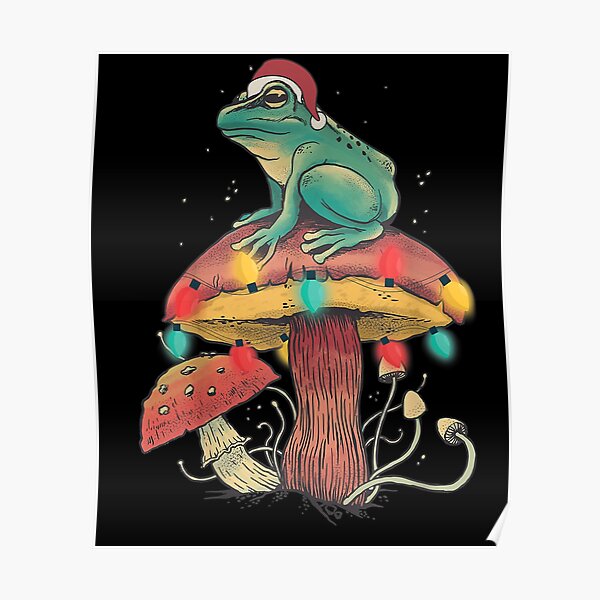 Christmas Frog Sitting Mushroom Poster