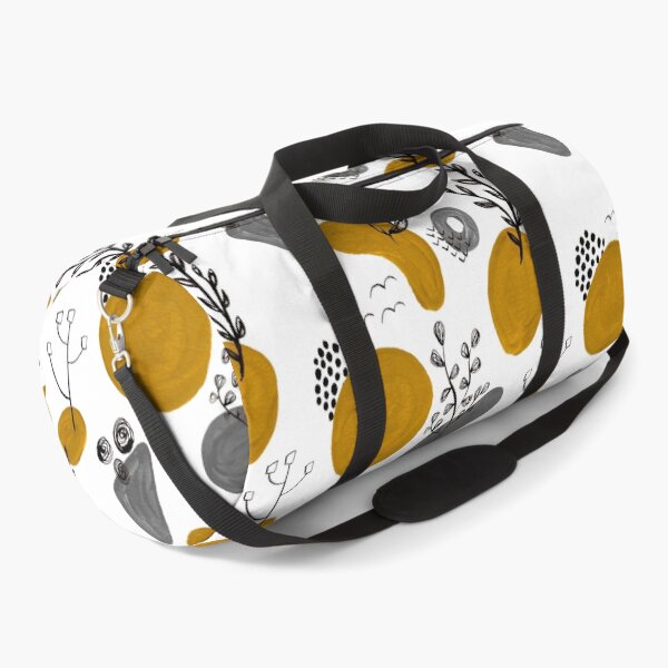 Hand Painted Mustard and Grey colour Modern Geometric Ink and Gouache floral Pattern Mid century Duffle Bag