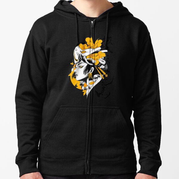 Japanese Samurai Geisha Mask Colorful Modern Urban Style Zipped Hoodie