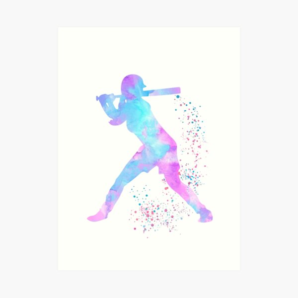 Softball Batter Girl Player Watercolor Art Blue Print Softball