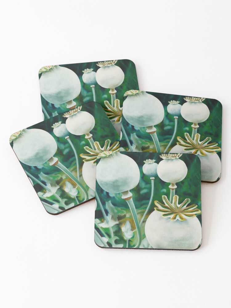 Thumbnail 1 of 5, Coasters (Set of 4), Poppy Heads - oil painting of green poppy heads designed and sold by jknowles.