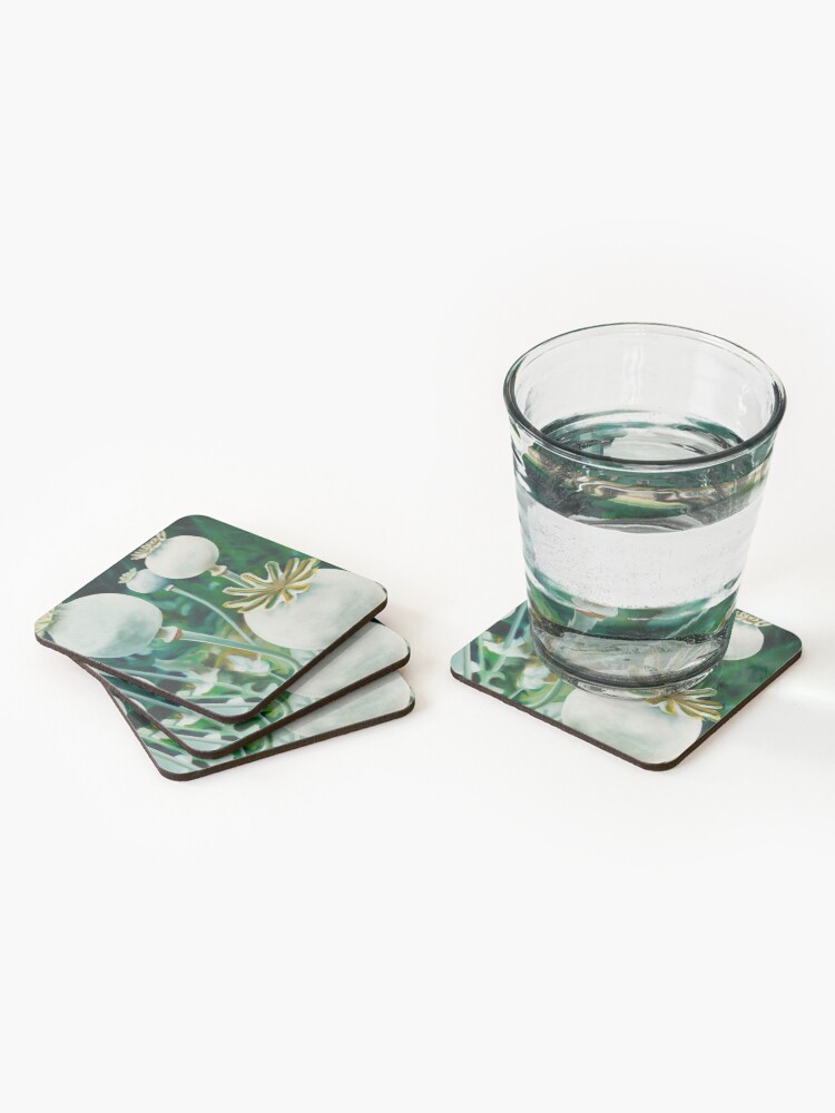 Thumbnail 2 of 5, Coasters (Set of 4), Poppy Heads - oil painting of green poppy heads designed and sold by jknowles.