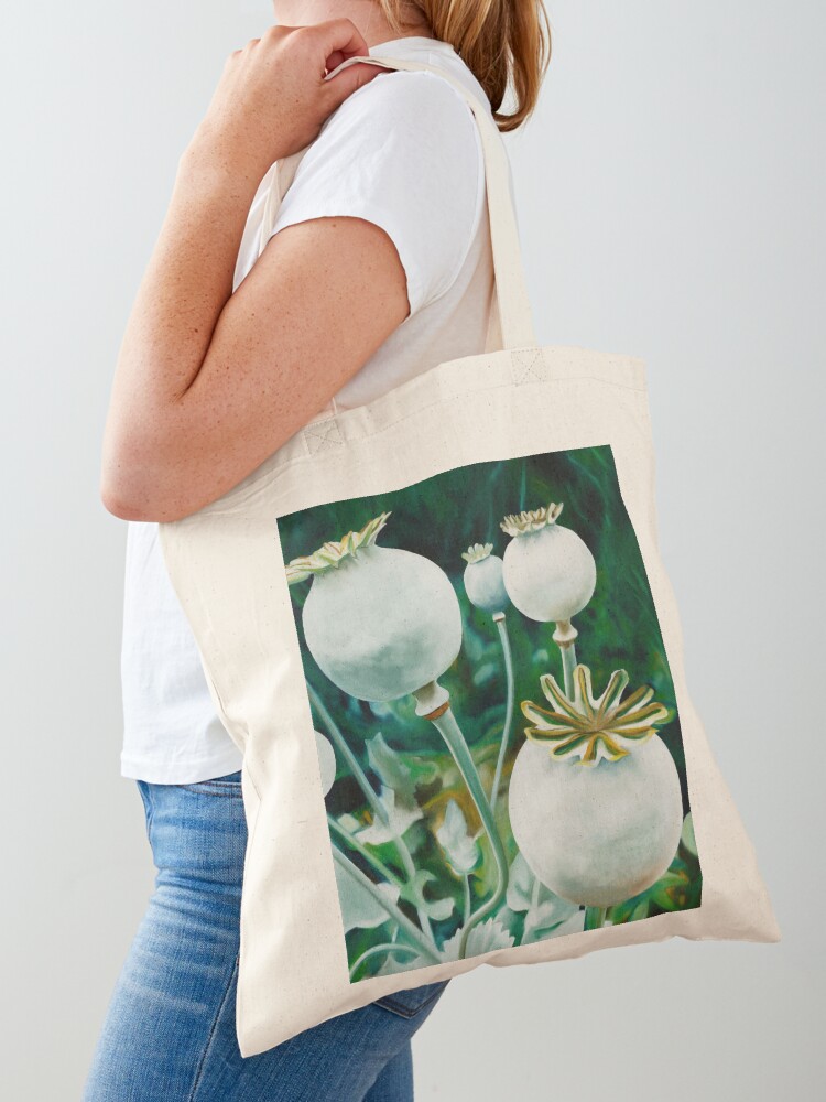 Thumbnail 1 of 5, Tote Bag, Poppy Heads - oil painting of green poppy heads designed and sold by jknowles.