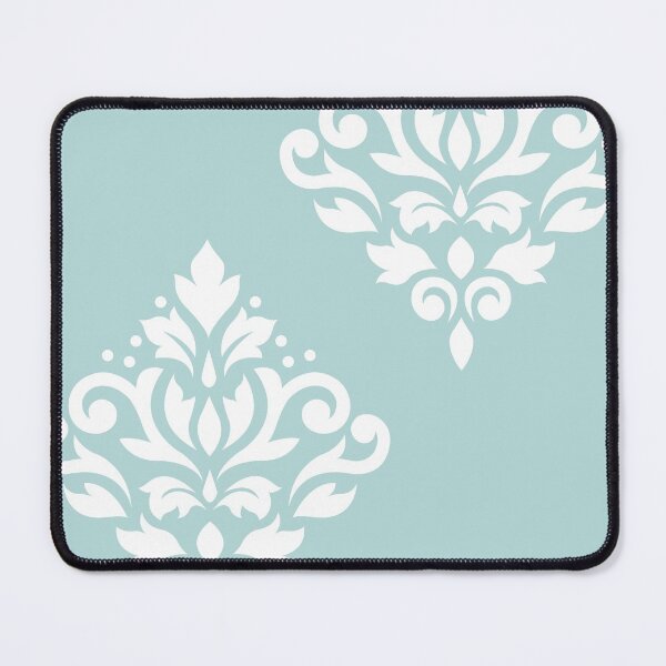 Scroll Damask Art I White on Duck Egg Blue Mouse Pad