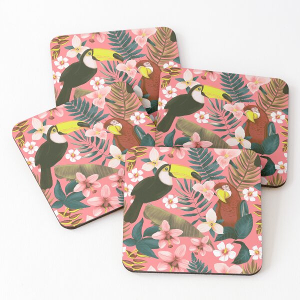 Aperçu de l'œuvre Oiseaux roses de la jungle amazonienne | Motif tropical coloré créée et vendue par Happy  People Prints.