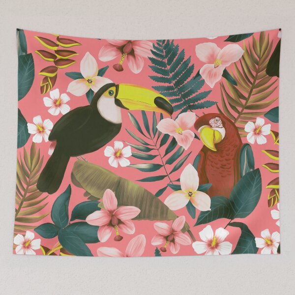 Aperçu de l'œuvre Oiseaux roses de la jungle amazonienne | Motif tropical coloré créée et vendue par Happy  People Prints.