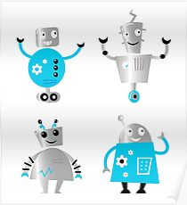Cute cartoon robot characters : New! Blue robots edition Poster