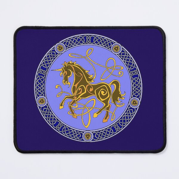 Celtic knotwork unicorn - blue and gold Mouse Pad