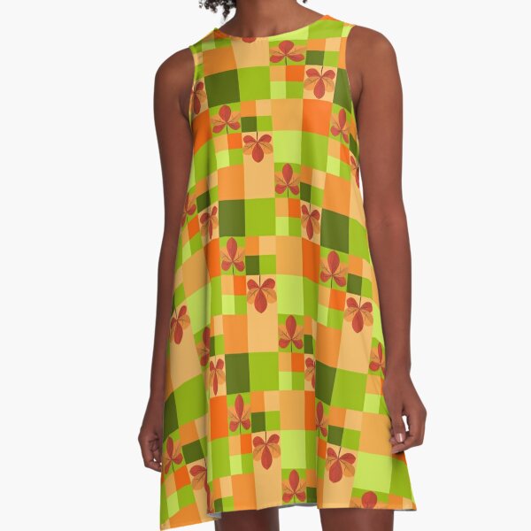Autumn Pattern with Leaves in Orange and Green  A-Line Dress