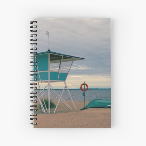 Turquoise Watchtower and Boat in Cloudy Autumn Beach Spiral Notebook