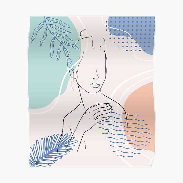 One line art woman girl portrait face with leaves simple minimalist vector illustration of beautiful woman continuous line drawing Poster