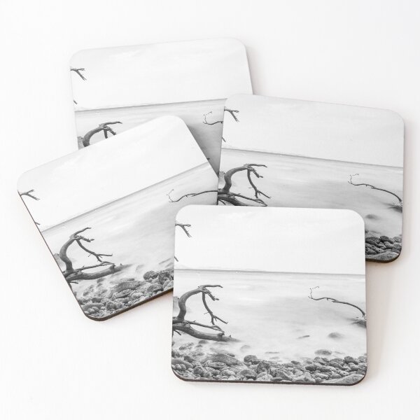 Aperçu de l'œuvre Bois flotté sur la plage après tempête, noir et blanc créée et vendue par mhailittlearts.
