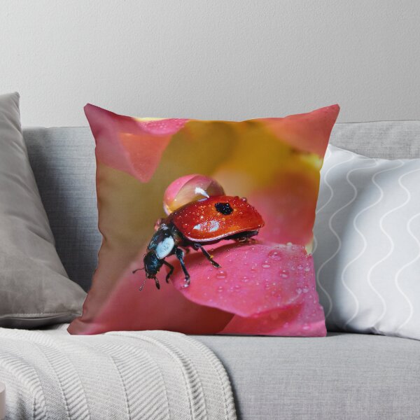 Pink Lily Flower Crawling Ladybug Throw Pillow