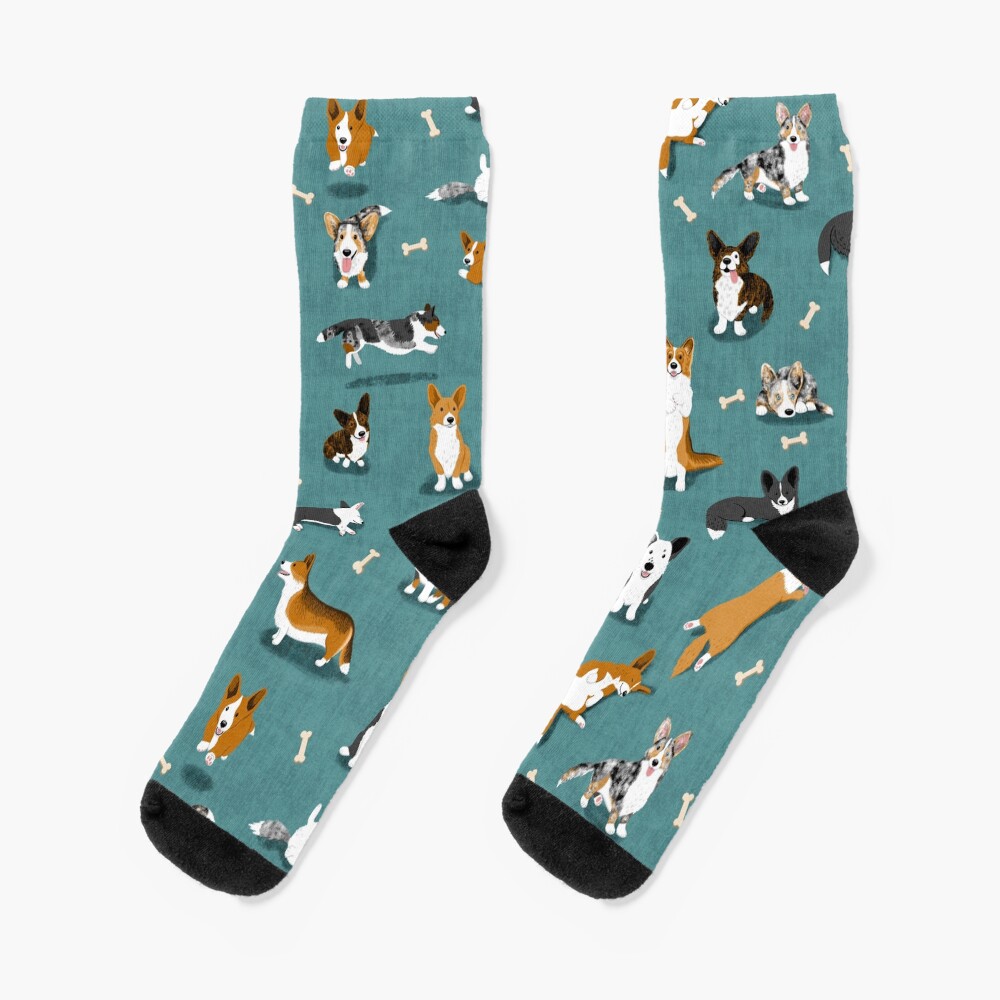 Cardigan Corgi Pattern on Teal Socks