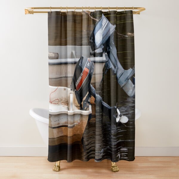 Engines of Worn Boats on Autumn River Shower Curtain