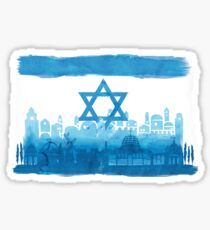 Pegatina Bandera israelí y horizonte de la ciudad - acuarela