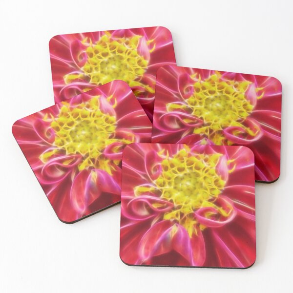 Item preview, closeup macro photography of bright red dahlia bloom with pollen filled yellow center designed and sold by mister-john.