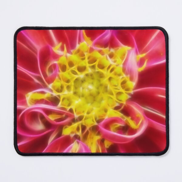 Item preview, closeup macro photography of bright red dahlia bloom with pollen filled yellow center designed and sold by mister-john.