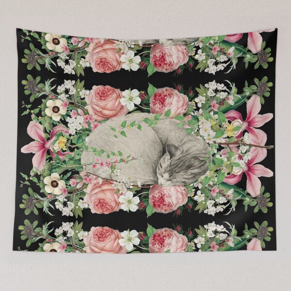 Item preview, Adorable Vintage White Sleeping Cat On A Bed Of Roses And Flowers designed and sold by TrulyEpoque.