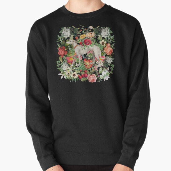 White Vintage Whippet Dog With Orange Red Decorative Collar Surrounded By Gorgeous Spring Summer Flowers Pullover Sweatshirt