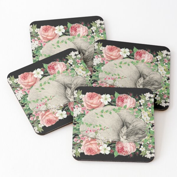 Item preview, Adorable Vintage White Sleeping Cat On A Bed Of Roses And Flowers designed and sold by TrulyEpoque.