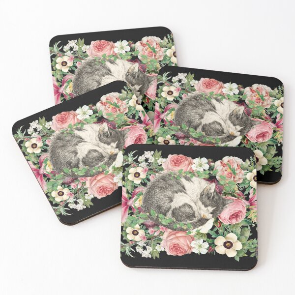 Item preview, Vintage Black, White, Grey Sleeping Cute Cat Surrounded By Vintage Flowers designed and sold by TrulyEpoque.