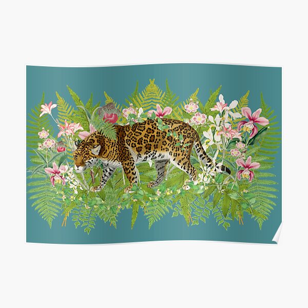 Stalking Vintage Leopard Hiding In Jungle Flowers And Leaf Poster