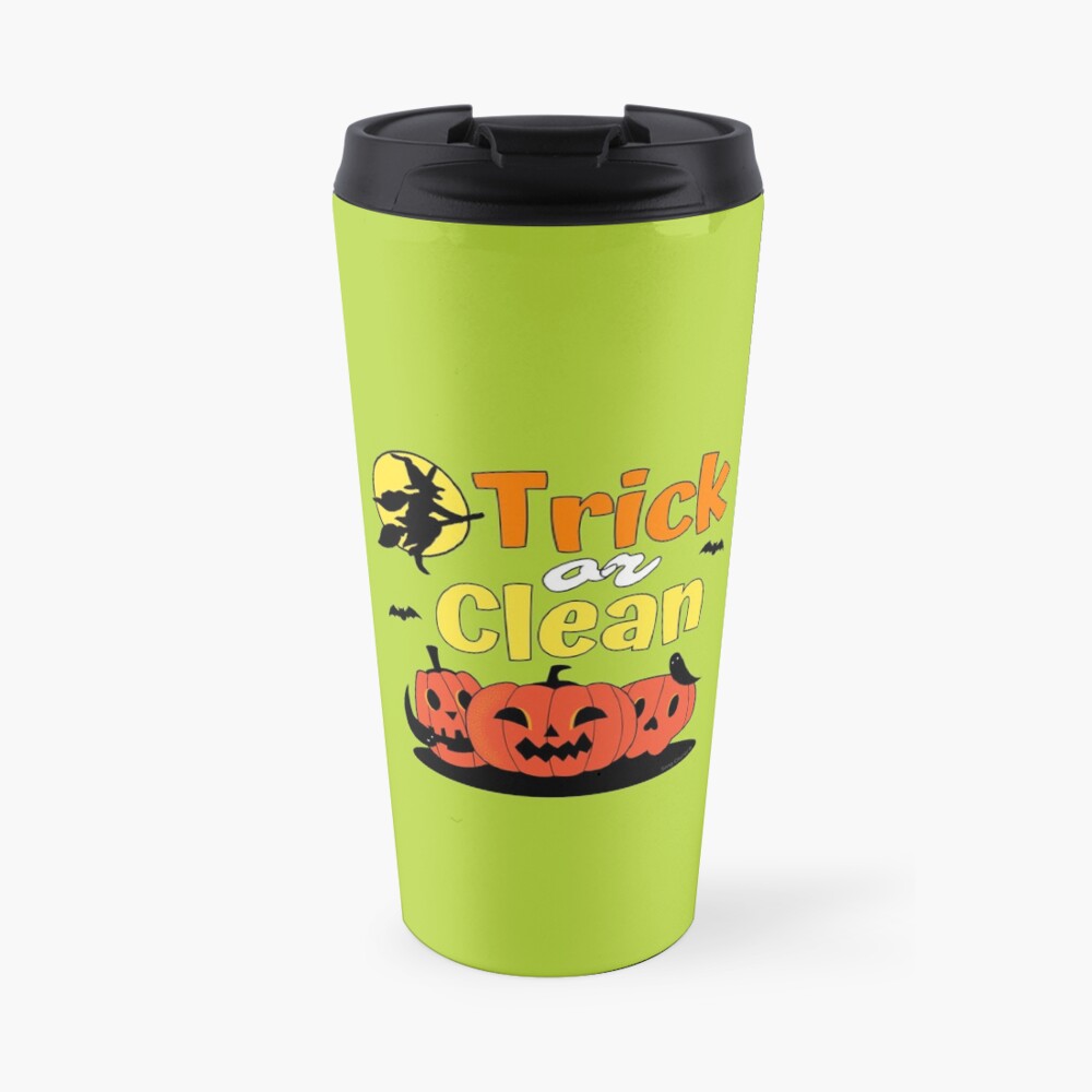 Trick or Clean Witch Broom Halloween Pumpkin Cleaning Travel Mug