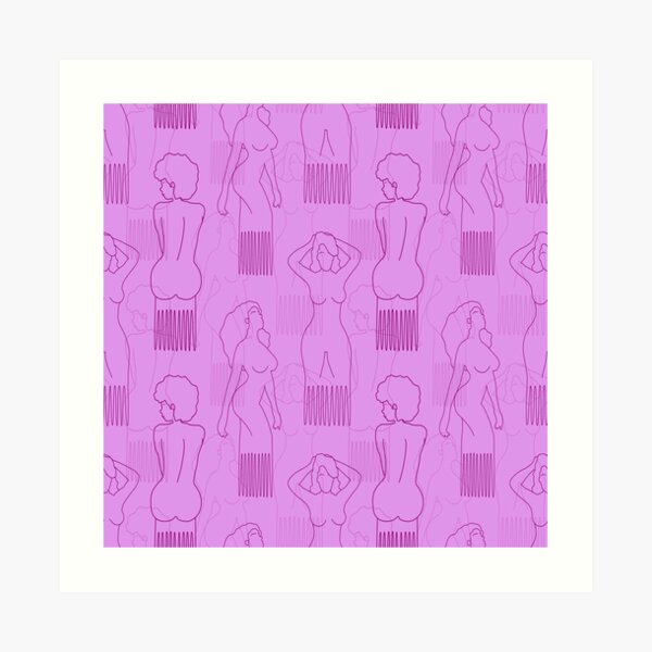Purple woman-shaped comb on pink background Art Print