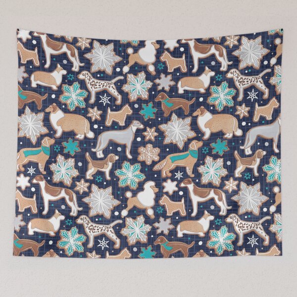 Item preview, Catching ice and sweetness // navy blue background gingerbread white brown grey and dogs and snowflakes turquoise details  designed and sold by SelmaCardoso.