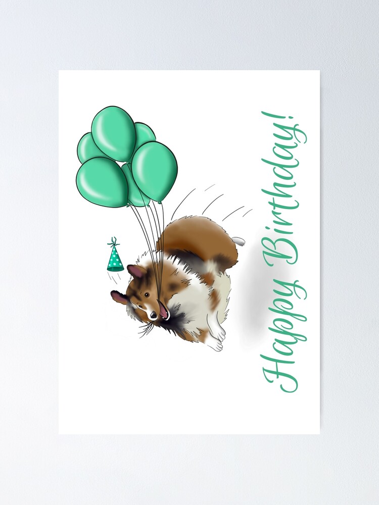 "Happy Birthday Sheltie Holding Teal Balloons Shetland Sheepdog