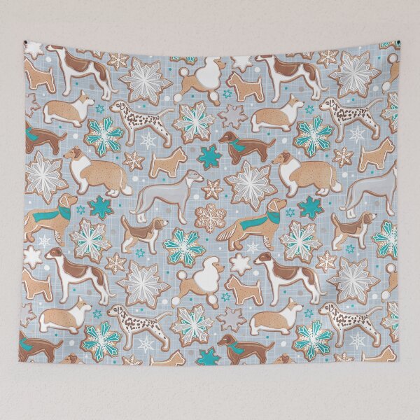Item preview, Catching ice and sweetness // pastel blue background gingerbread white brown grey and dogs and snowflakes turquoise details designed and sold by SelmaCardoso.