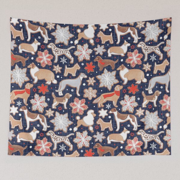 Item preview, Catching ice and sweetness // navy blue background gingerbread white brown grey and dogs and snowflakes neon red details designed and sold by SelmaCardoso.