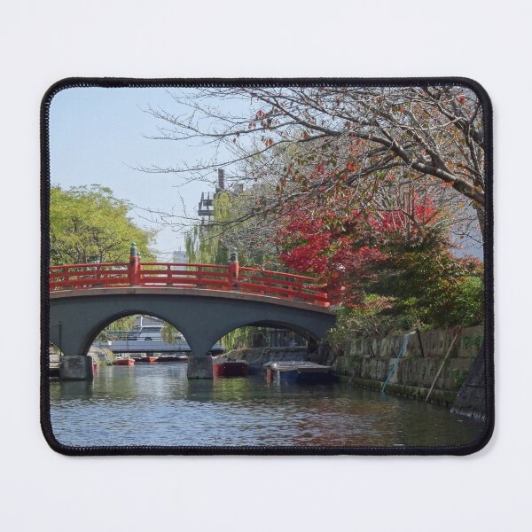 Item preview, Bright red railings on a bridge over a canal in Yanagawa Japan designed and sold by cuisinecat2.