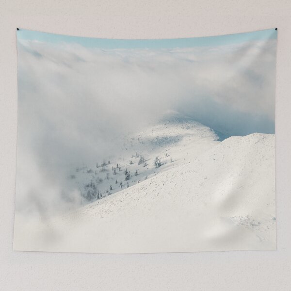 Item preview, Clouds clearing above spruce forest and snowy mountains designed and sold by Patrik Lovrin.