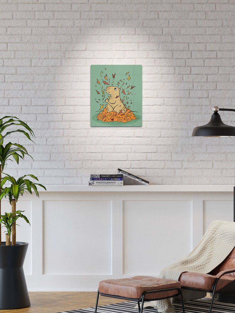 Thumbnail 1 of 4, Metal Print, Autumn Capybara in a Leaf Pile designed and sold by Otter-Grotto.