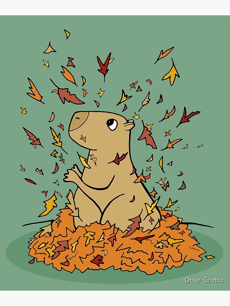 Thumbnail 4 of 4, Metal Print, Autumn Capybara in a Leaf Pile designed and sold by Otter-Grotto.