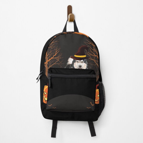 Item preview, Halloween Alaskan Malamute wearing witch hat with pumpkins by the side  designed and sold by HStudioPrints.