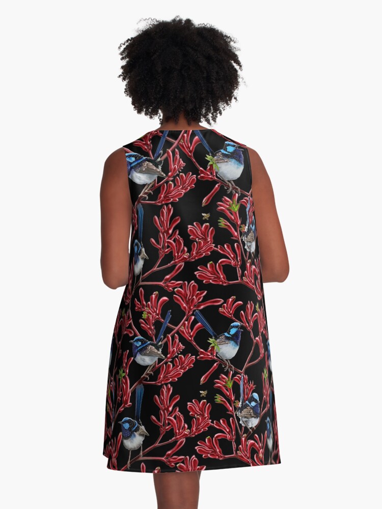 Thumbnail 3 of 4, A-Line Dress, Blue Wrens in Kangaroo Paw Flowers Repeated Pattern by Australian artist Laural Retz designed and sold by lauralretz.