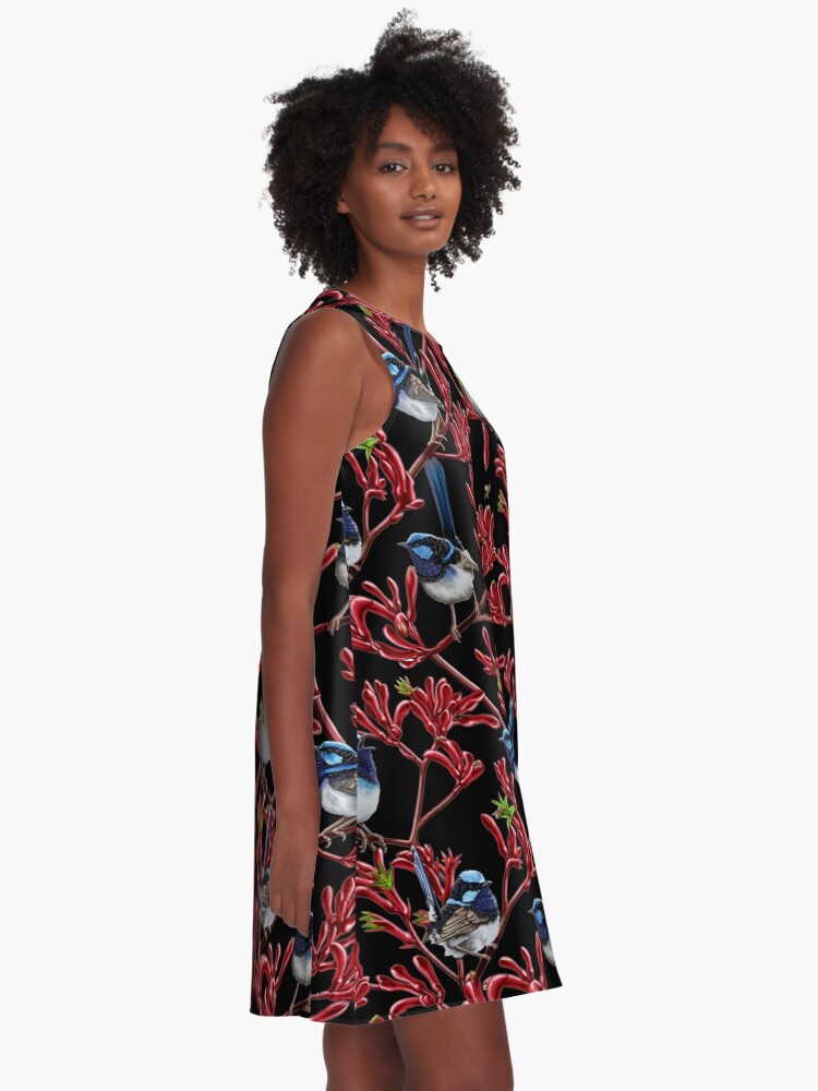 Thumbnail 2 of 4, A-Line Dress, Blue Wrens in Kangaroo Paw Flowers Repeated Pattern by Australian artist Laural Retz designed and sold by lauralretz.