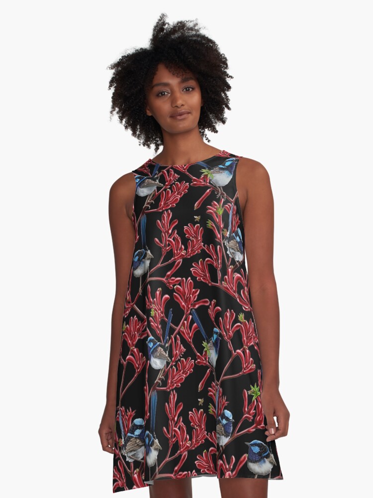 Thumbnail 1 of 4, A-Line Dress, Blue Wrens in Kangaroo Paw Flowers Repeated Pattern by Australian artist Laural Retz designed and sold by lauralretz.