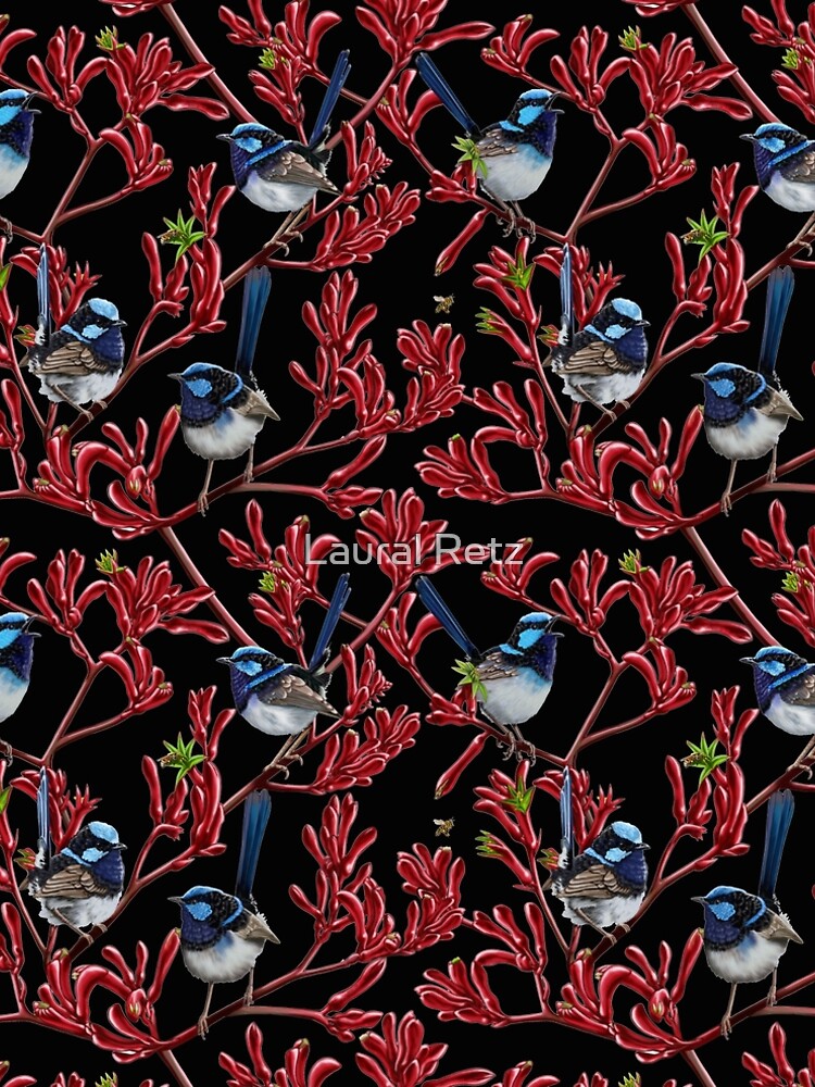 Thumbnail 4 of 4, A-Line Dress, Blue Wrens in Kangaroo Paw Flowers Repeated Pattern by Australian artist Laural Retz designed and sold by lauralretz.