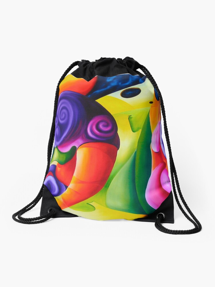 Thumbnail 1 of 3, Drawstring Bag, "Bailando en el Espacio" colourful abstract oil painting designed and sold by jknowles.