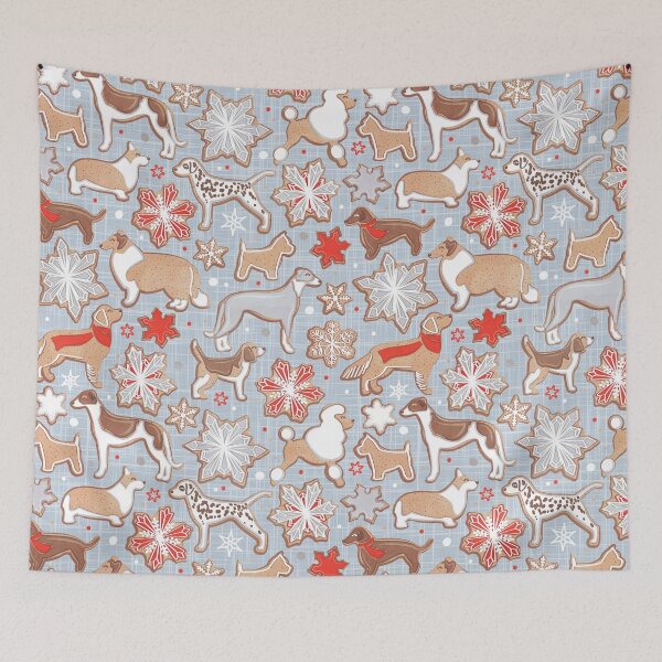 Item preview, Catching ice and sweetness // pastel blue background gingerbread white brown grey and dogs and snowflakes neon red details designed and sold by SelmaCardoso.