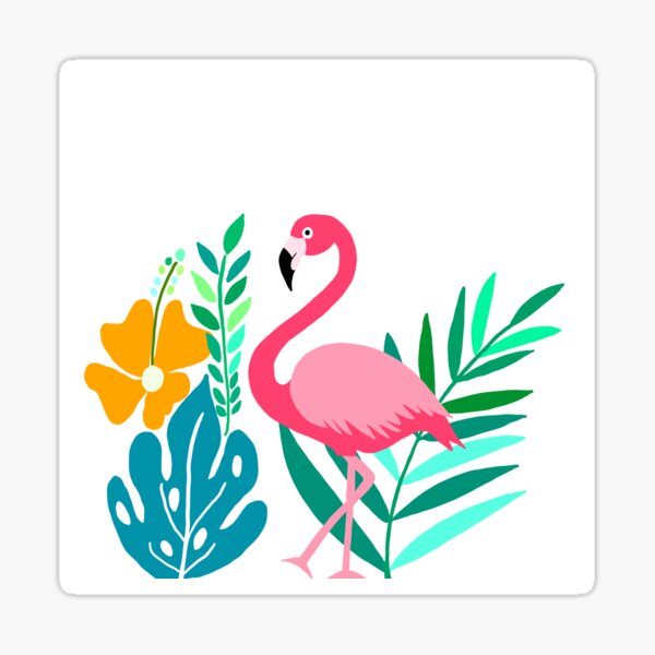 Tropical Pink Flamingo with Hibiscus Flower Sticker