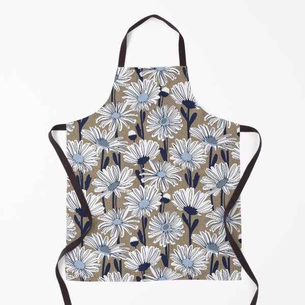 Item preview, Field of daisies // mushroom brown background white and sky blue daisy flowers oxford navy blue line contour designed and sold by SelmaCardoso.