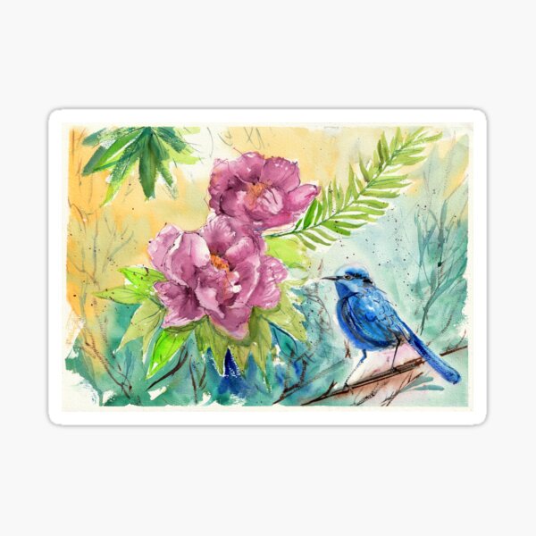 Peonies and Bird Art Sticker